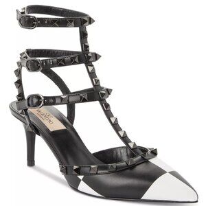 Valentino Rockstud Women 65 Leather Ankle Strap Check Black White Pumps